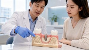 치조골 단면 모형으로 뼈이식 부위를 설명하는 장면