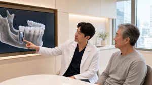 3차원 영상으로 임플란트와 턱뼈 상태를 설명받는 장면
