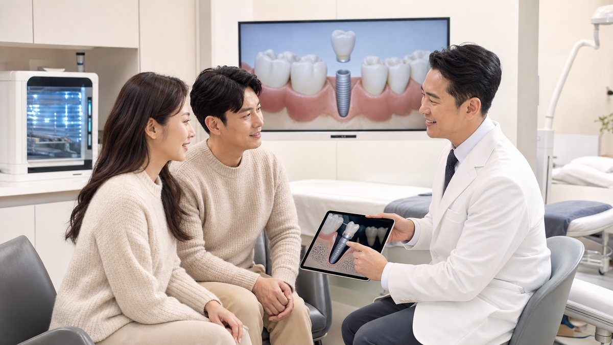 흡연 임플란트 성공률 차이 2 흡연 임플란트 치료 계획을 화면으로 설명받는 모습