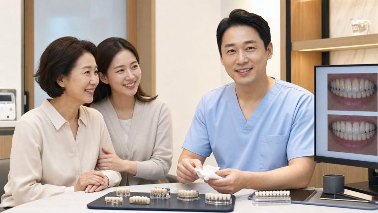 보철 샘플로 임시치아 계획을 상담받는 장면